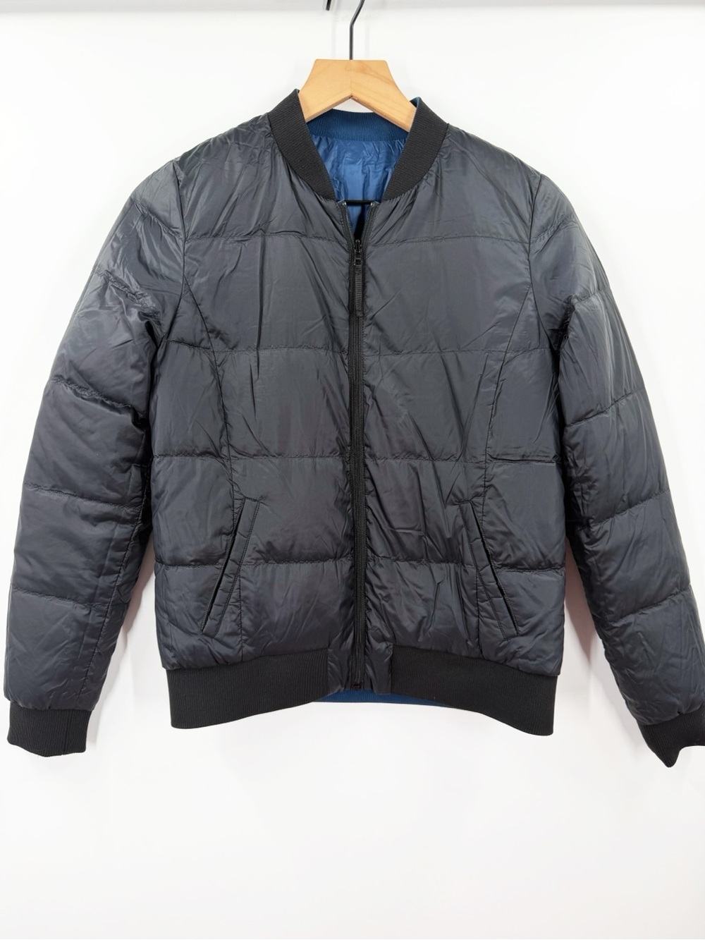 Comptoir Des Cotonniers Black Blue Reversible Down Bomber Puffer Jacket